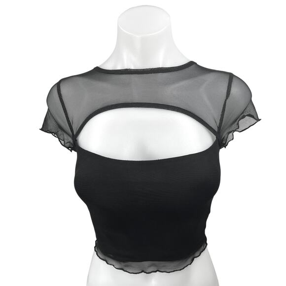 Princess Polly Dobelle Black Mesh Cutout Slim Fit Lace Up Crop Top Blouse Size 2 - Picture 1 of 3